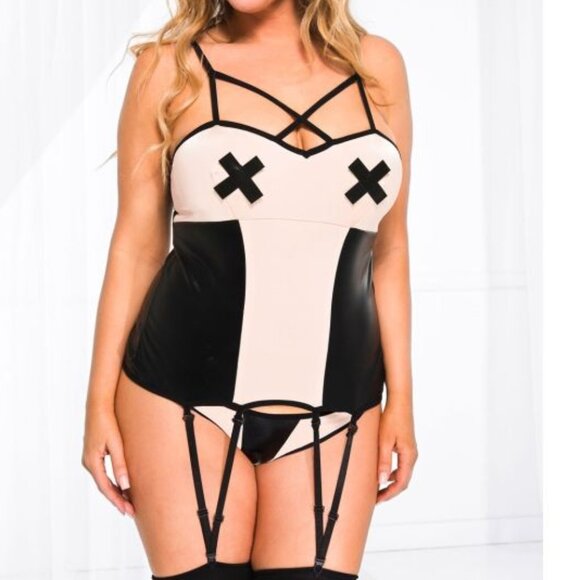 Music Legs Other - Music Legs Cross Strap Wet Look Garter Cami With Matching Panty Plus Size